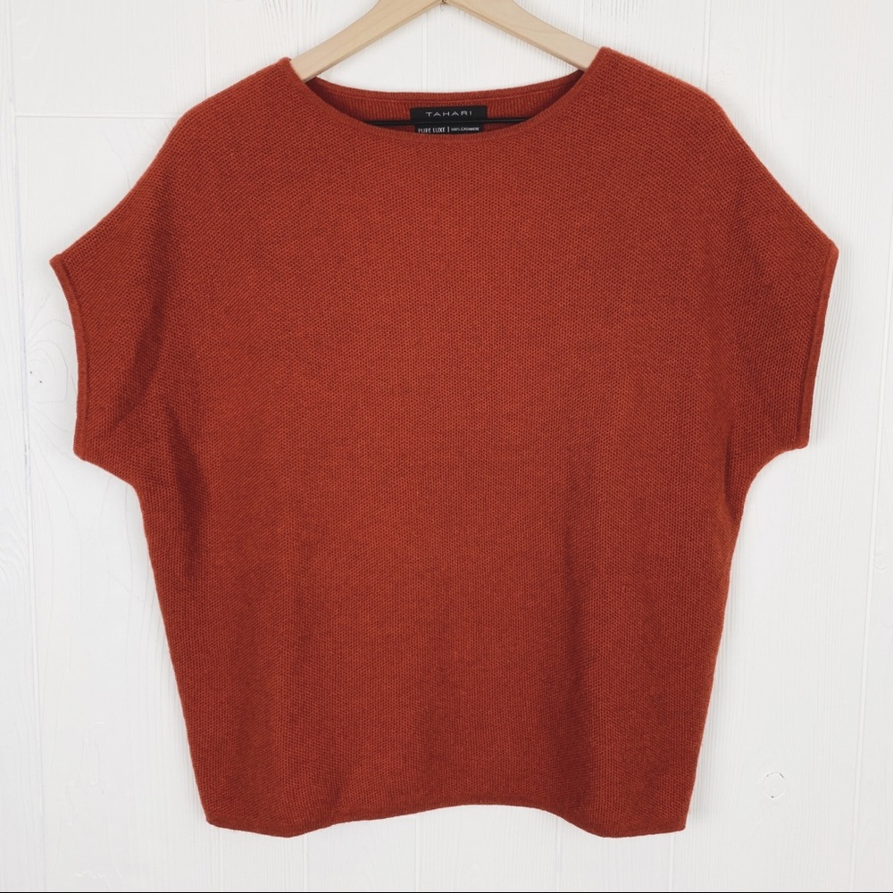 Tahari 100% Cashmere Pure Luxe Rust Orange Short Sleeve Sweater